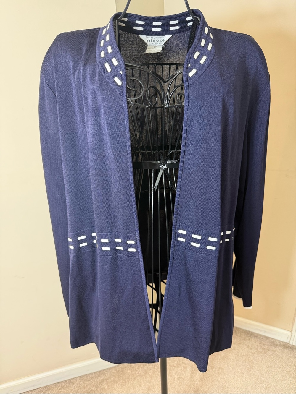 Exclusively Misook Navy Blue Knit Open Front Cardigan White Stitch Detail Size 1